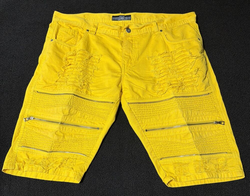 Focus Jeans Yellow Distressed Moto Denim Shorts Zip Streetwear Ripped Men 44